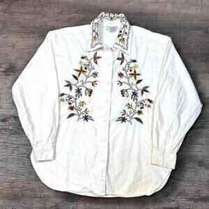 Vintage 90s Regina Porter White Embroidered Floral Button-Up Shirt Sz M Boho